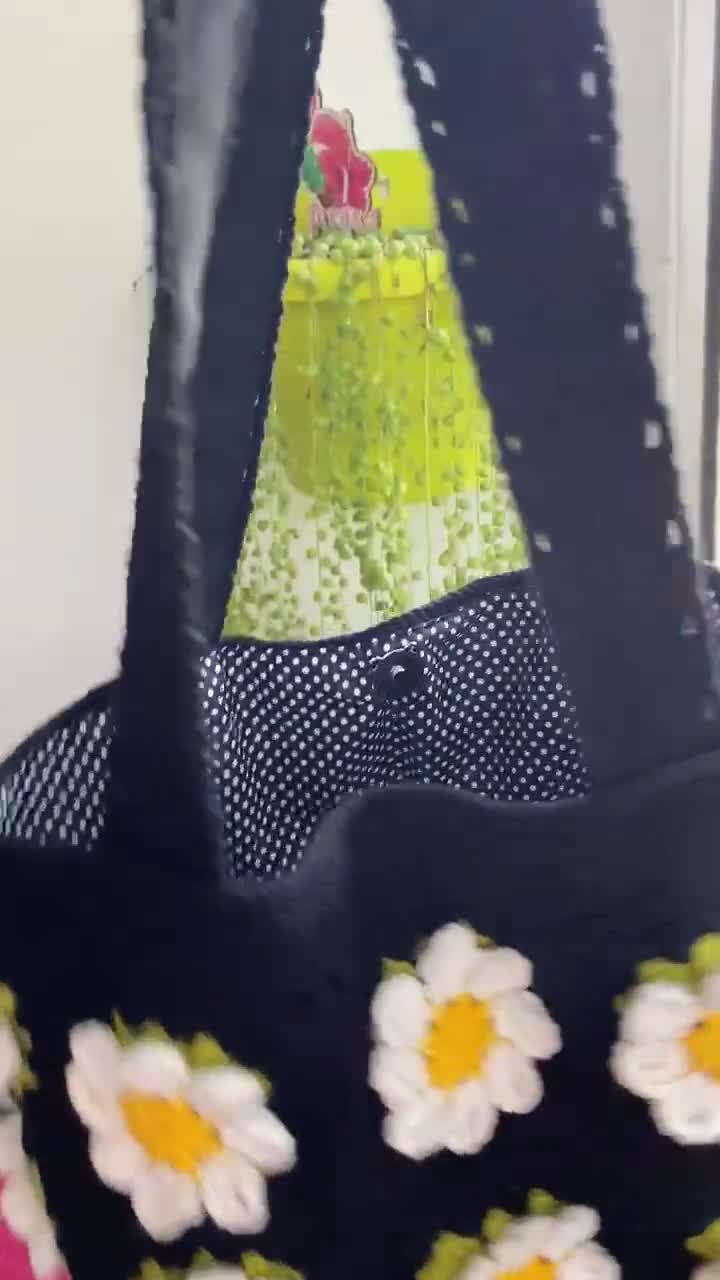 Crochet Granny Square Black Tote Bag, Crochet 3D Flower