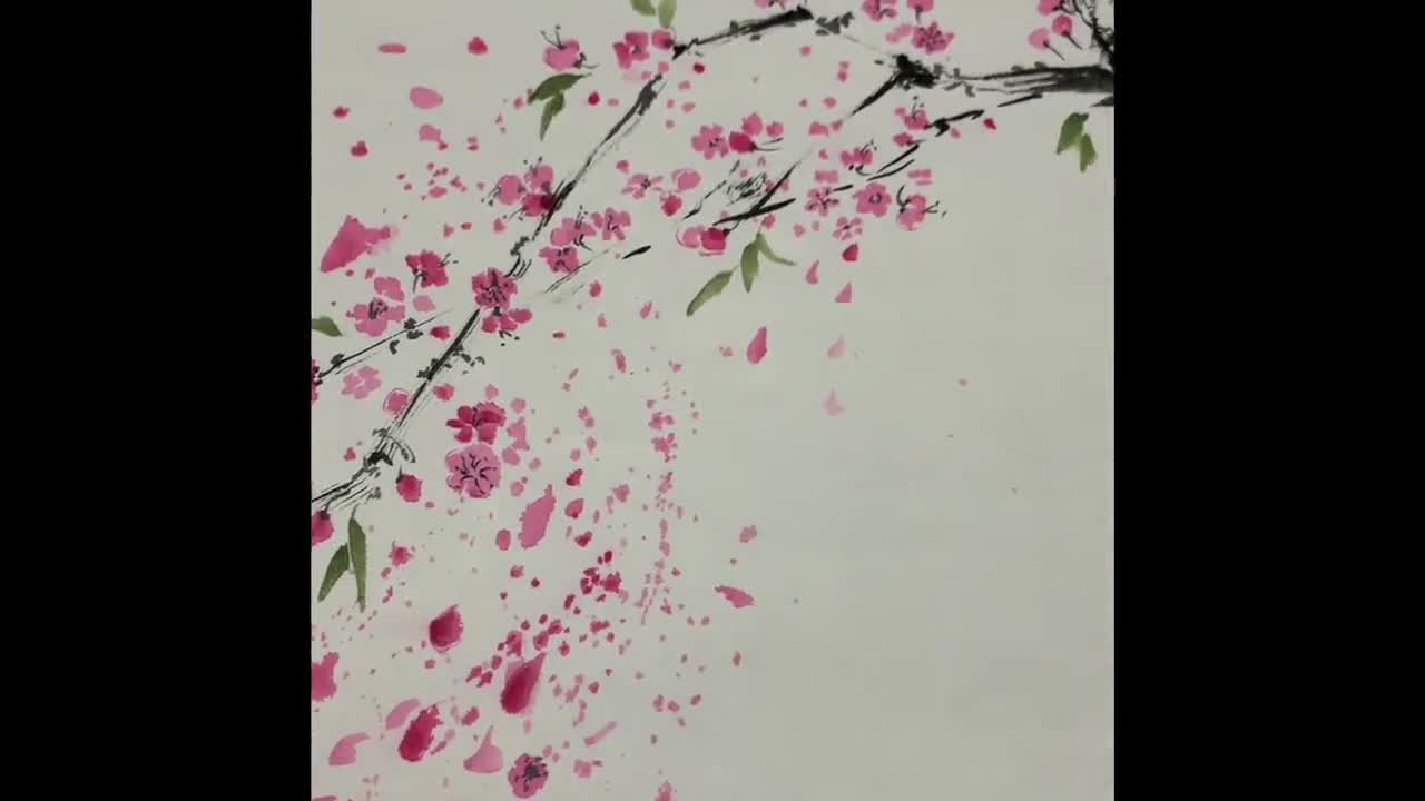 Cherry Blossom With Calligraphy, Original Ink and Watercolours on