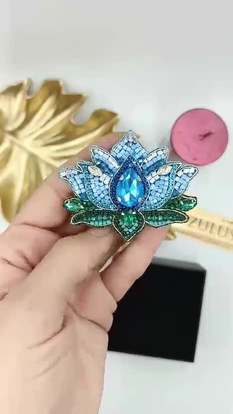 Blue Lotus Brooch, 2024 handmade brooch pin with crystals and beads