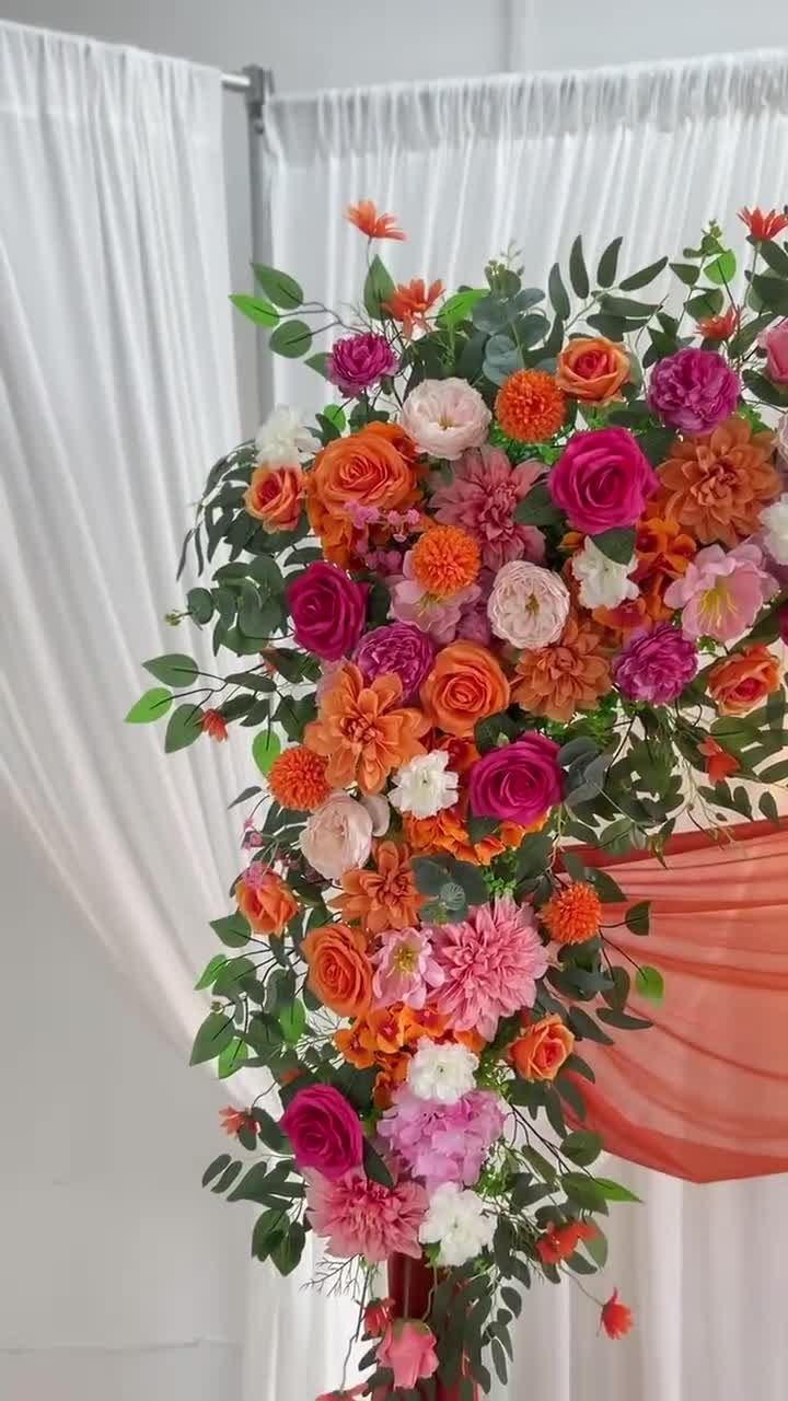 Hot Pink & Orange Wedding Arch Flowers: Fuchsia Floral Corner Swag