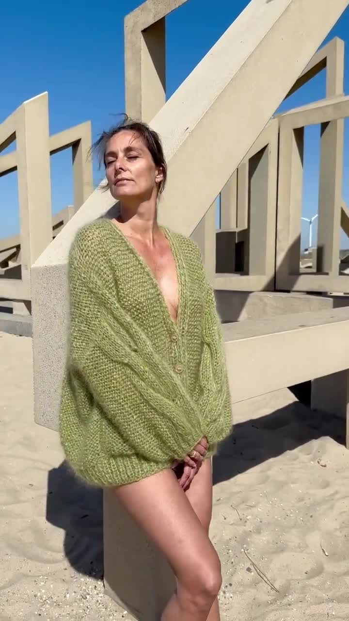 Mohair Cardigan in Pistachio Green With Buttons and Pockets