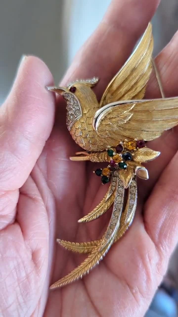 Marcel Boucher Bird of Paradise Brooch: Gold Plated Rhinestone