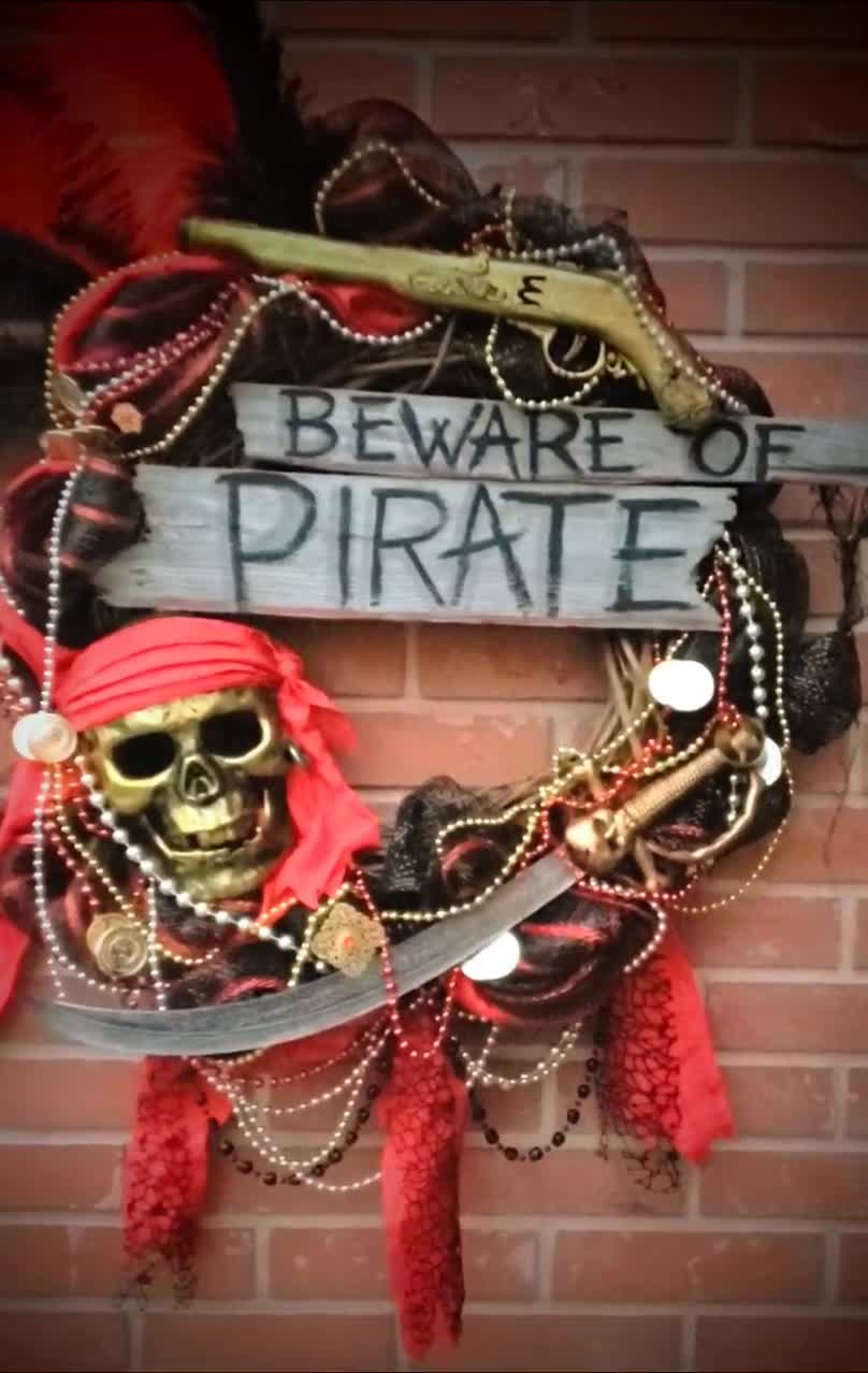 Beware of Pirates Wreath Red, Black and Gold Gasparilla 