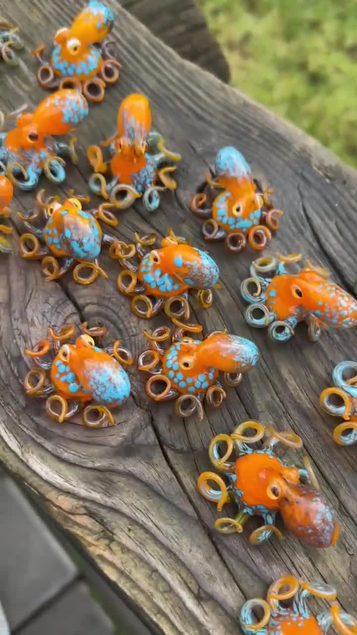 Blown Glass Orange and Blue Octopus Glass Figurine Octopus Glass