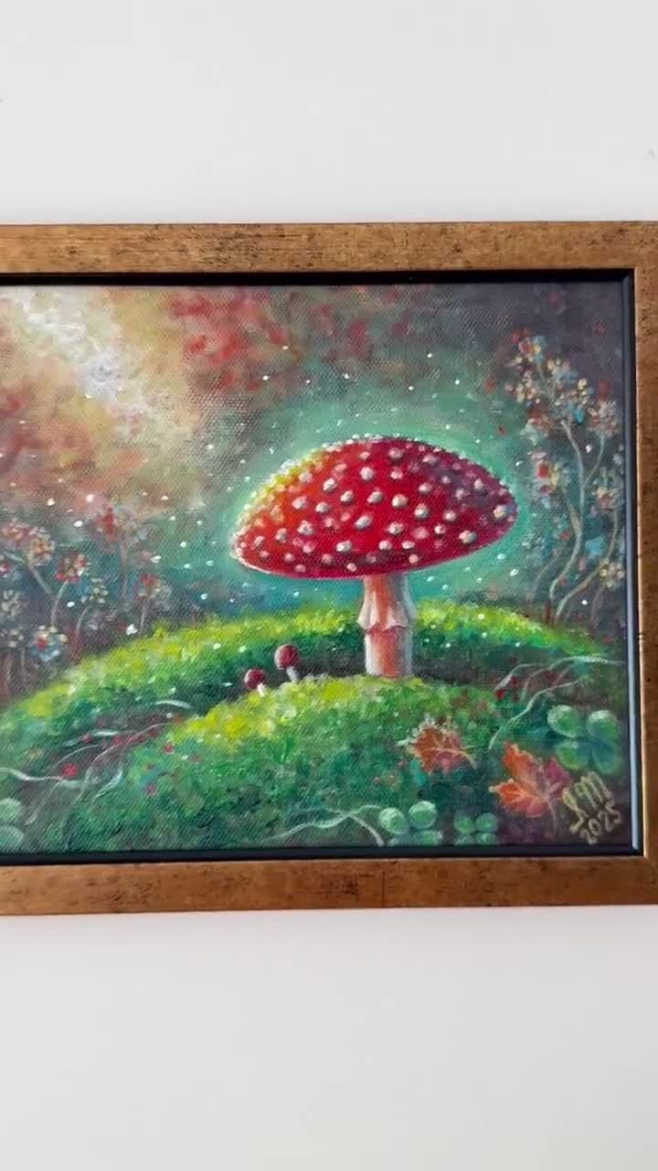 キノコの気まぐれなアート • 赤いキノコの絵画 • ユニークな絵画
