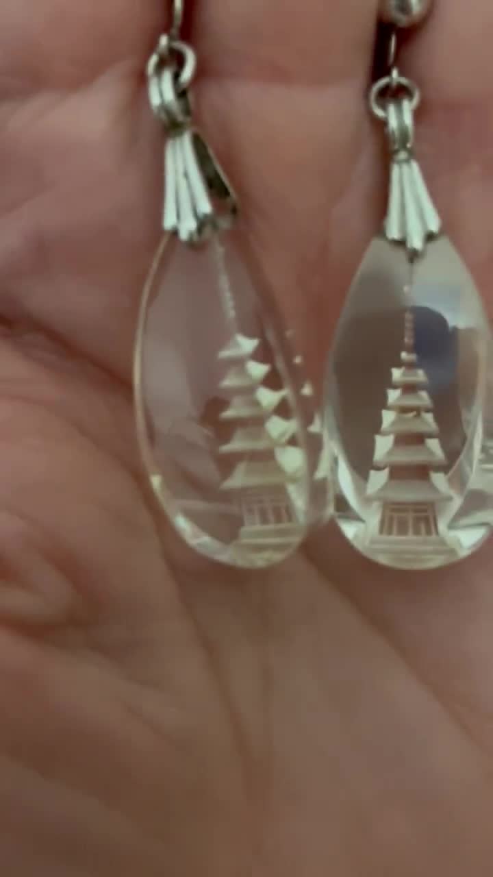 Vintage Japanese Intaglio Crystal Pagoda Earrings 925