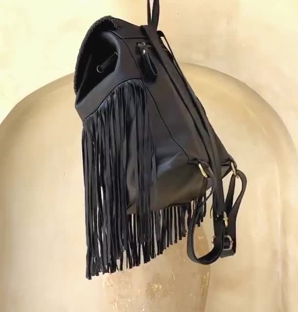 Black Leather Fringe Backpack, leather purse Black Leather Fringe Backpack, leather purse
