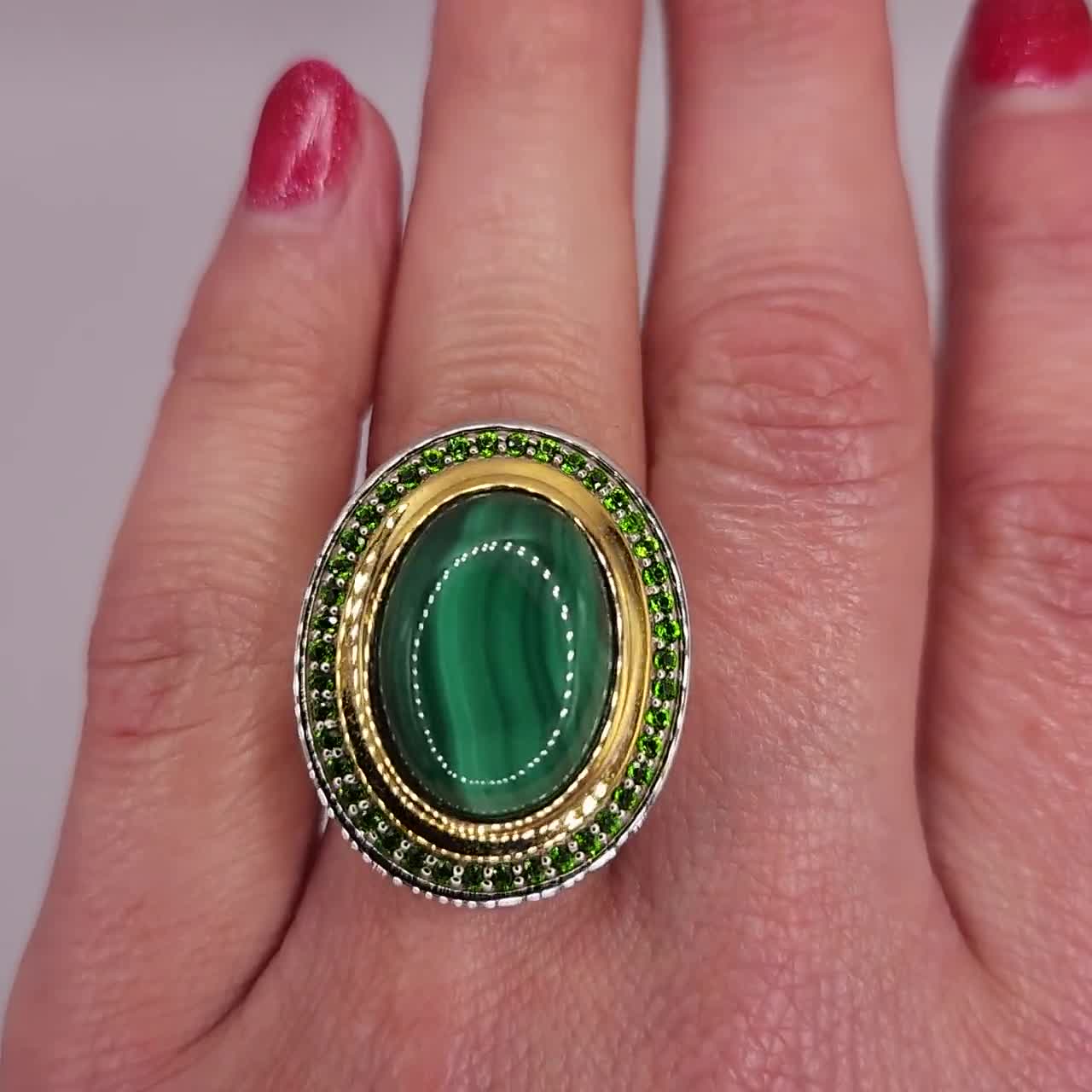 Malachite and Chrome Diopside Bezel-set Ring in 18kt Gold Over