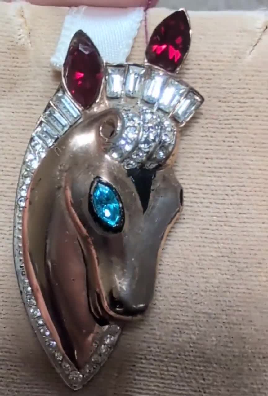 Vintage COROCRAFT Jeweled Horse Fur Clip Vermeil Sterling ADOLPH
