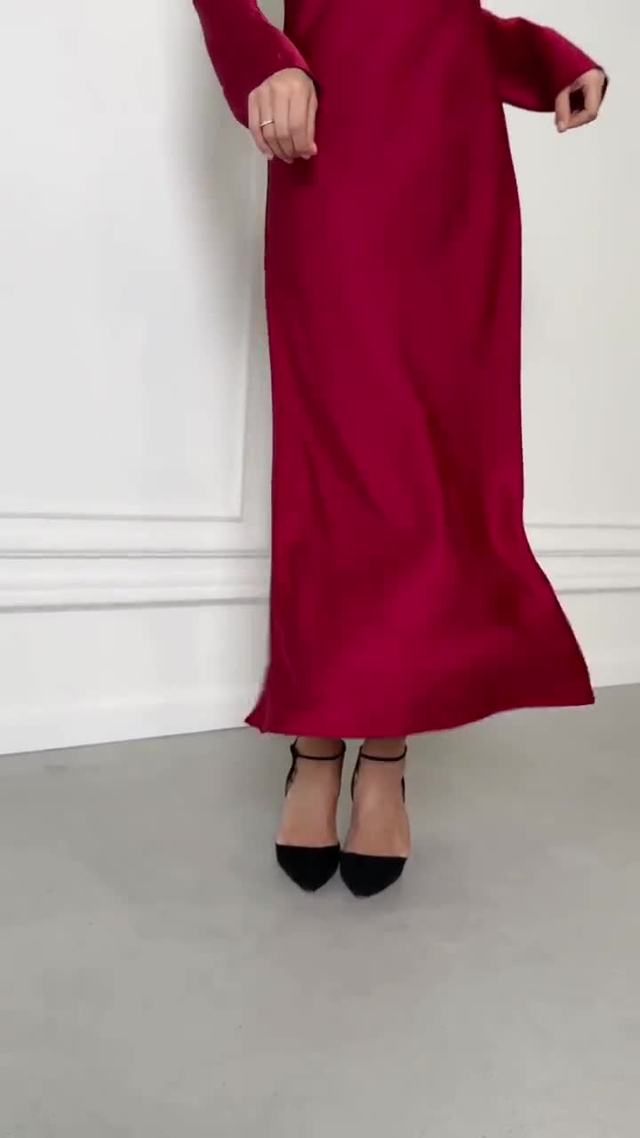 Abito Lungo In Raso Borgogna Con Scollo A V, Maniche Lunghe E Cintura In Vita, Per Donna, Elegante Per Feste E Serate Autunnali