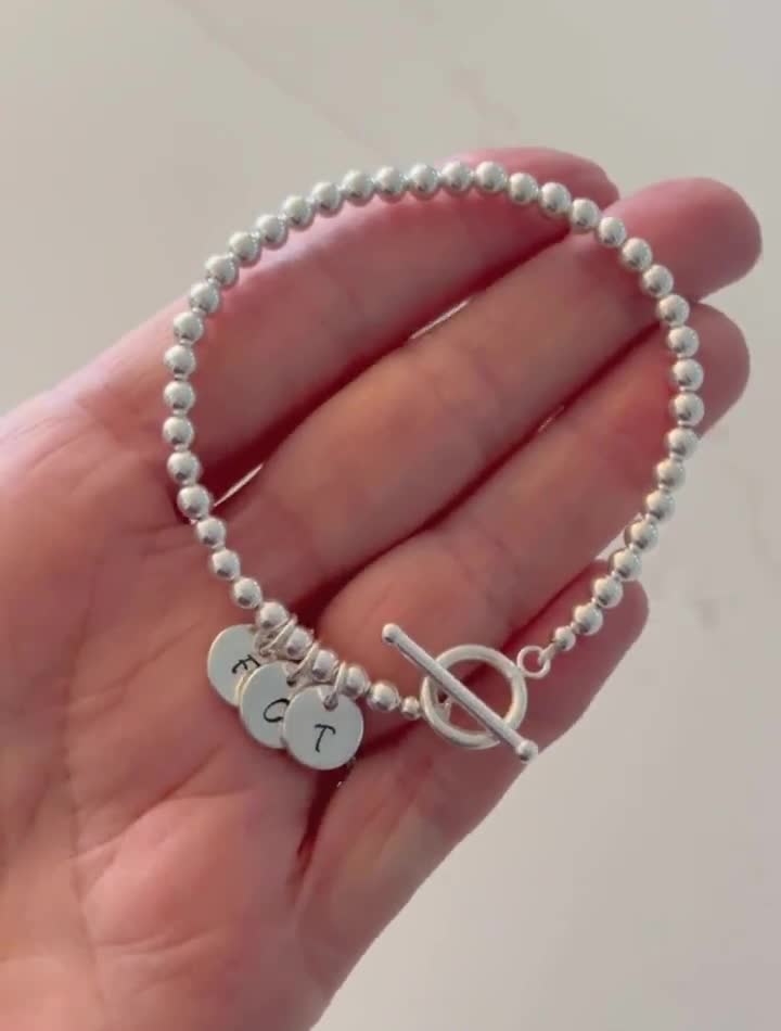 Sterling Silver Beaded Bracelet Three Four outlet Five Initial Charms, Gift Mom Grandmother 3 4 5 Kids Grandchildren, Personalized Jewelry, Letters