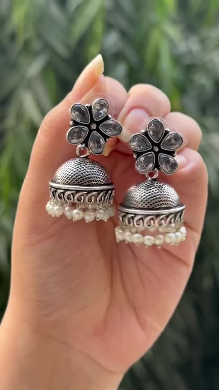 Buy Jewelopia Oxidised Silver Jhumki Earrings German Silver Oxidized Floral  Design Stylish Pearl Drop Traditional Boho Jhumki Earrings & Ring For Women  & Girls Online at Best Prices in India - JioMart.