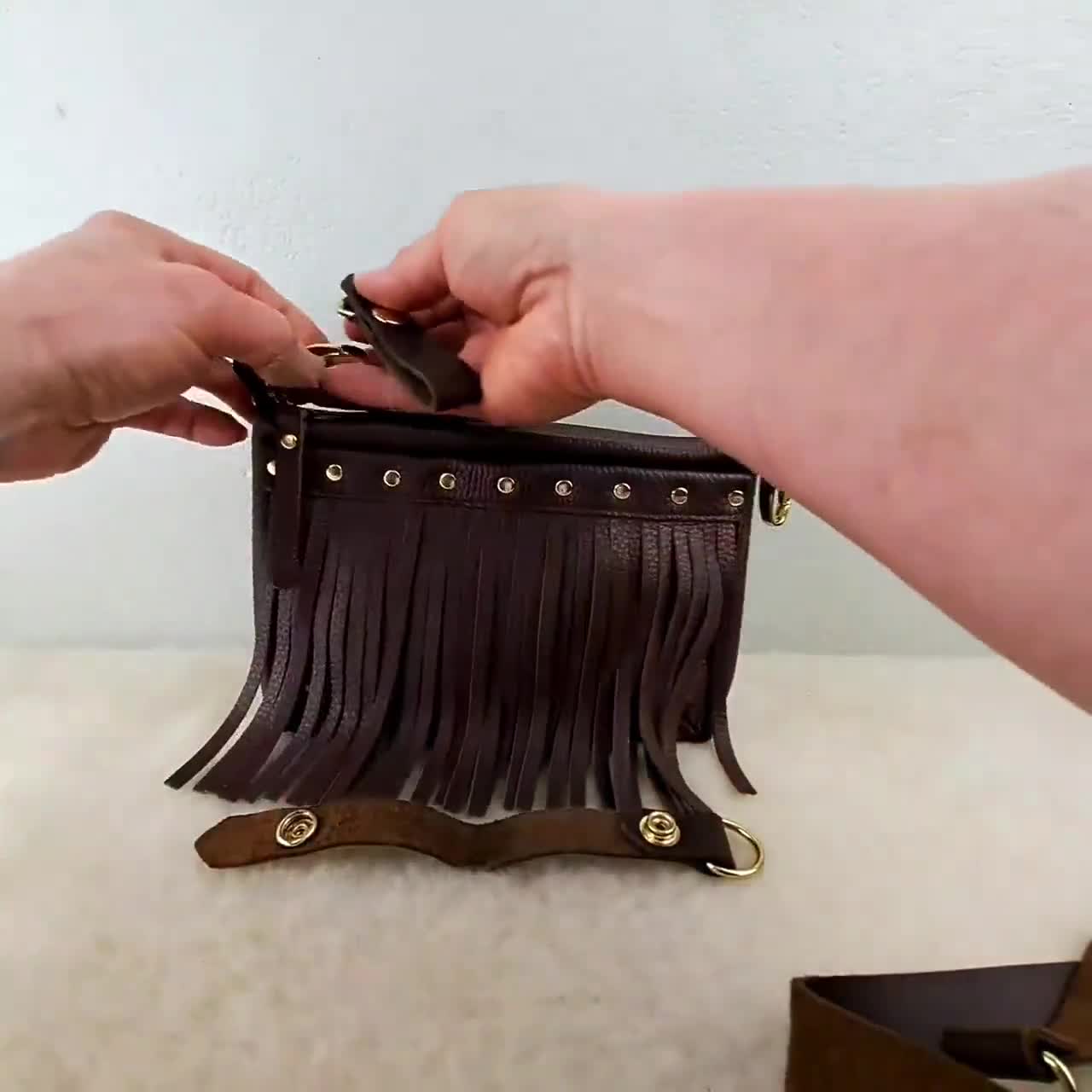 Brown Leather Hip Bag, Women's Western Fringe, Studded, Boho