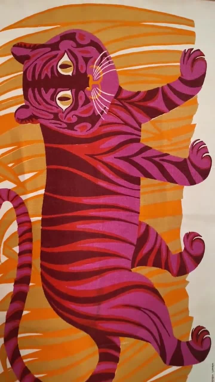 Vintage Belinda Lyon Pink Tiger Linen Tea Towel: 1970s Oxfam Wall