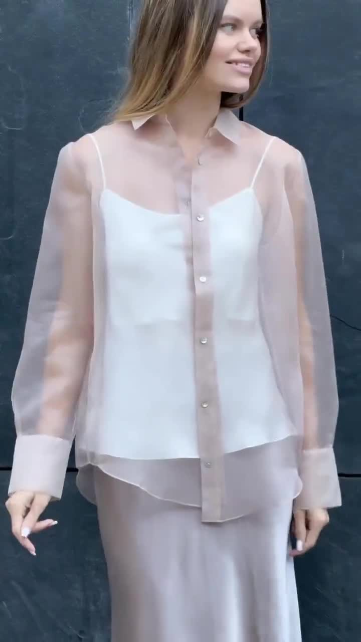 Women's 100% Silk Organza Blouse, Transparent Long Sleeve