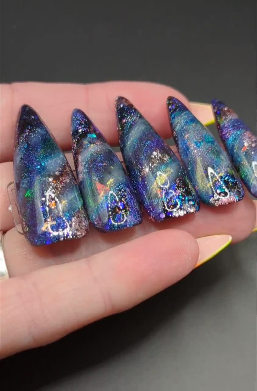 GALAXY NAILS - Clear set with gold and Adriana iridescent flakes