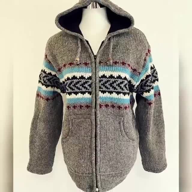 Charcoal Grey Warm Wool Jacket Thick Winter Fleece Lined Hippie Hoodie Coat  Nepali Double Knitted Eyelet Net Pattern Jumper Zip 