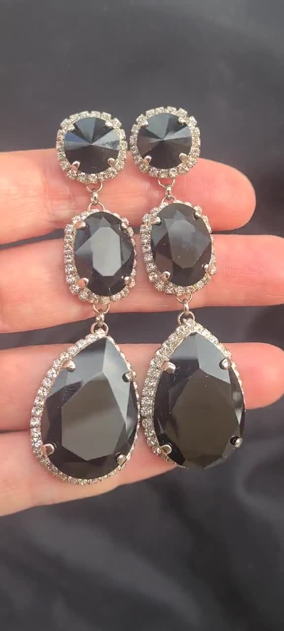 Boucles D'Oreilles Noir Pierres & Strass - Métal Vieil Or - Sans Nickel - Neuves Avec étiquettes