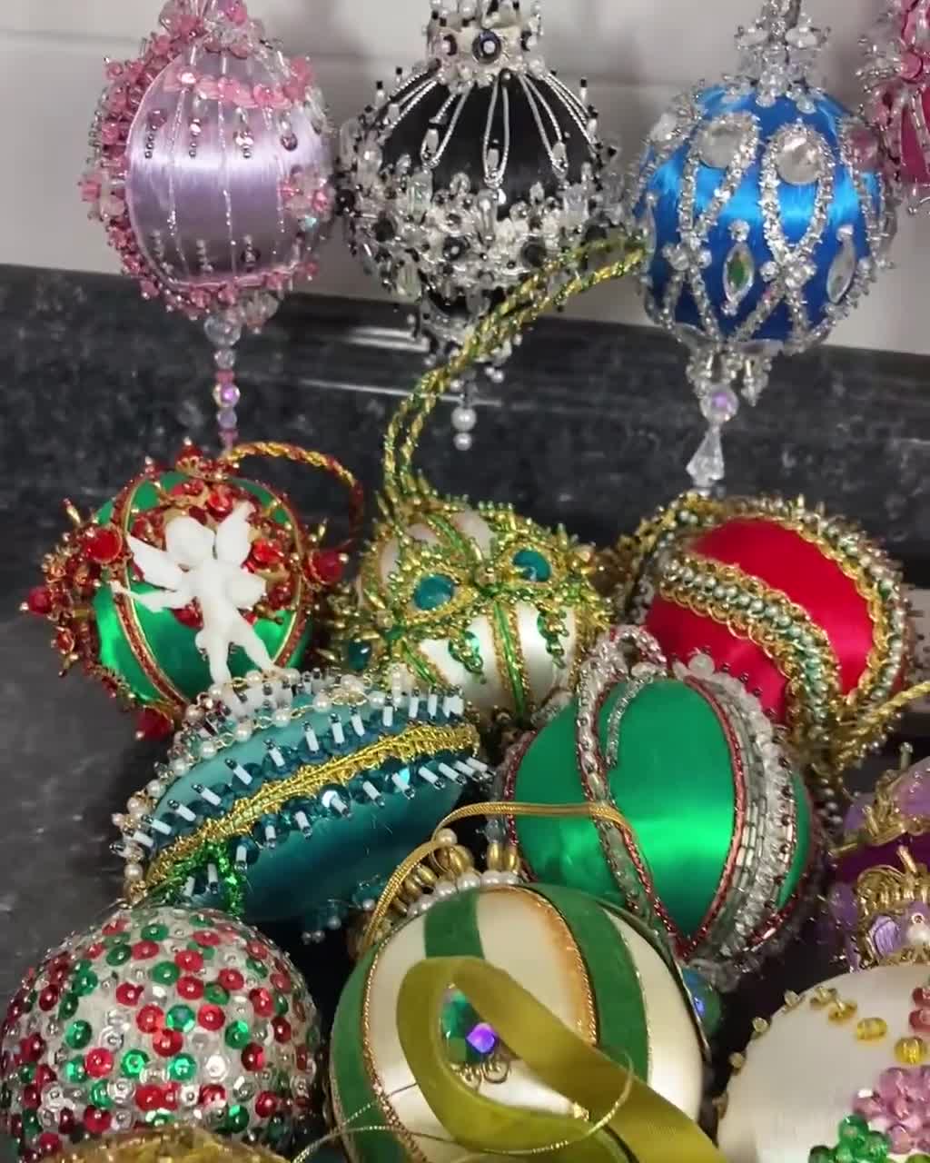 Two VTG Hand Decorated Glass Christmas Ornaments Elegant Blue Velvet/Pearl  Trim