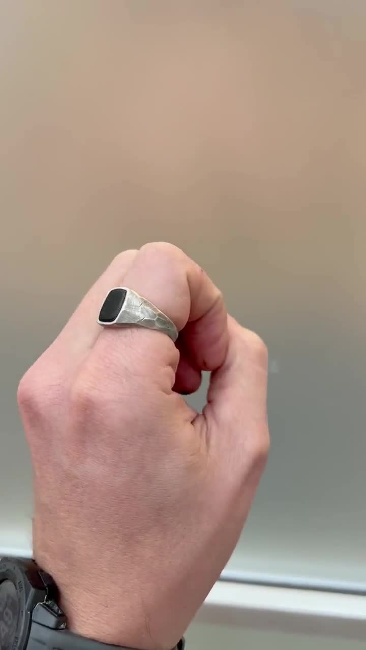 Oxidized Silver With Black Onyx Faceted Signet Rings, Modern