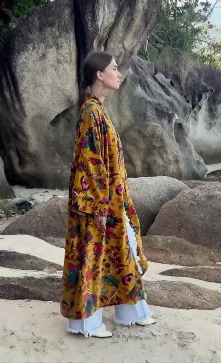 Plus Size Velvet Kimono Robe: Sunfire Tapestry Floral Duster - Mai