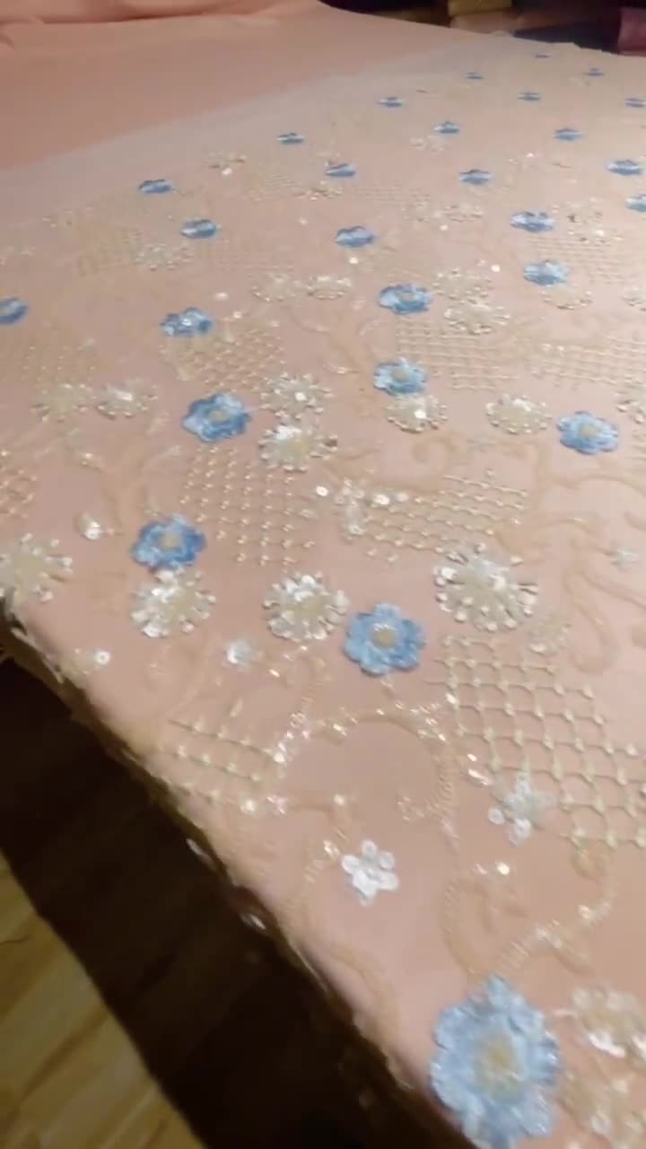Free Shipping. Light Apricot Sequined Baroque Lace Fabric