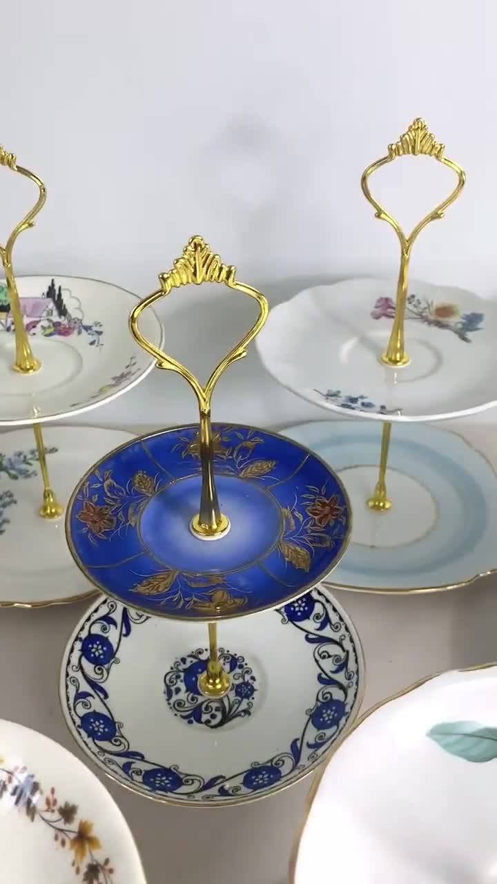 花柄陶器製小型ケーキスタンド 手作りのヴィンテージ風花柄陶器製2段ケーキスタンド - Etsy 日本
