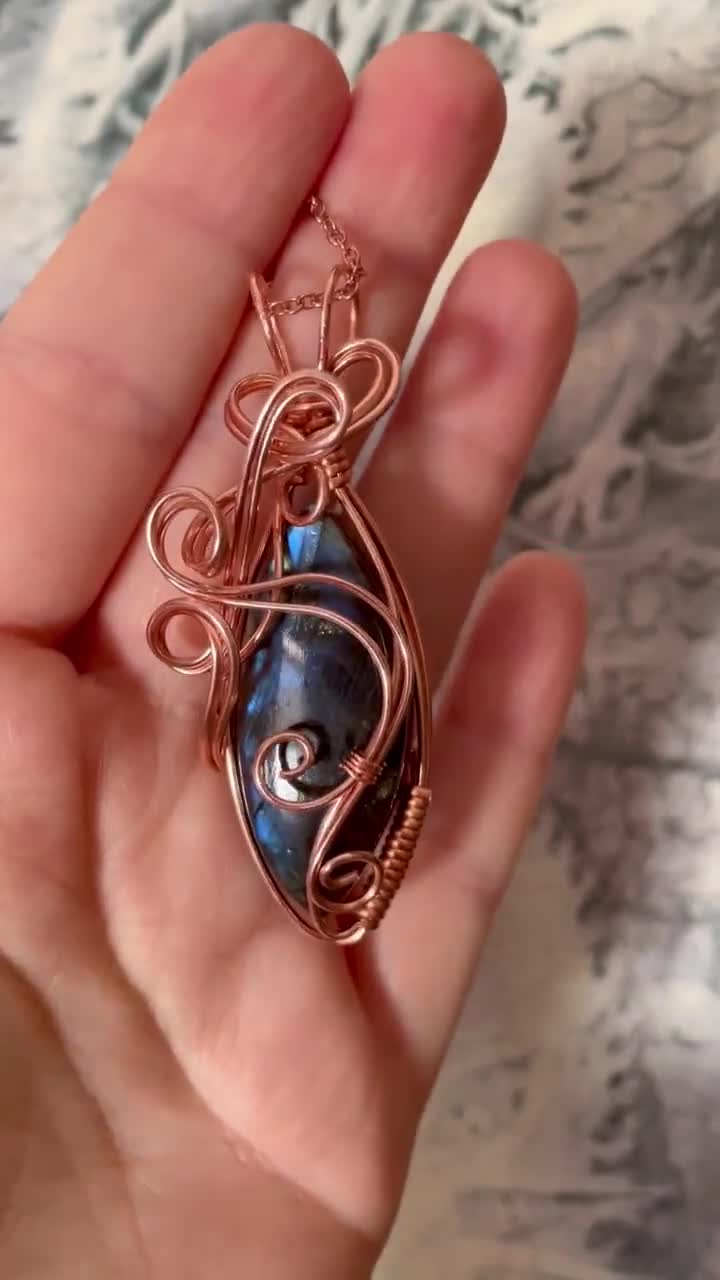 Blue Labradorite Copper Wire Wrapped Necklace UK