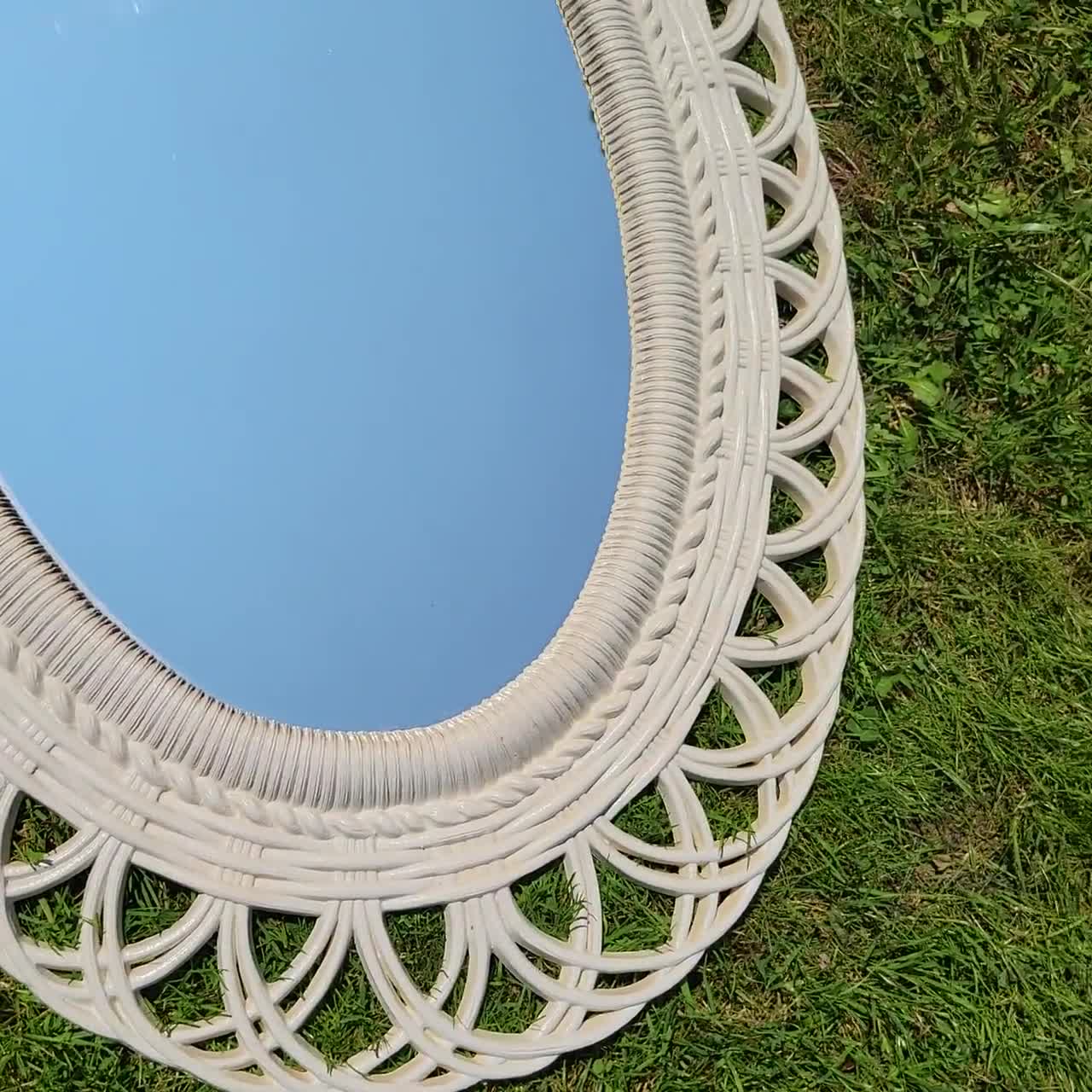 Vintage Burwood good White Wicker Large Oval Mirror 30