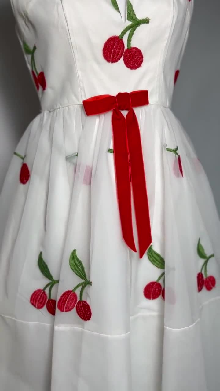 1950s Cherry Embroidered Tulle Cupcake Dress