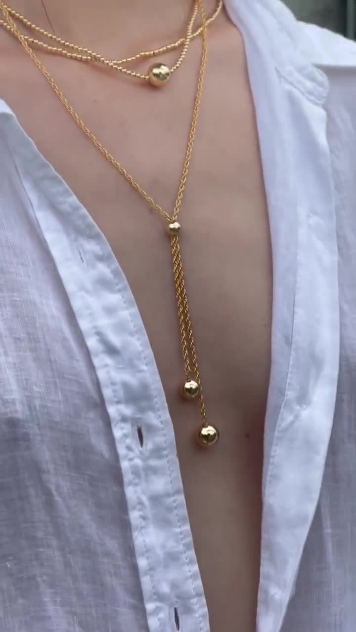 Double Ball Link Drop Lariat Necklace, Chunky Ball Lariat