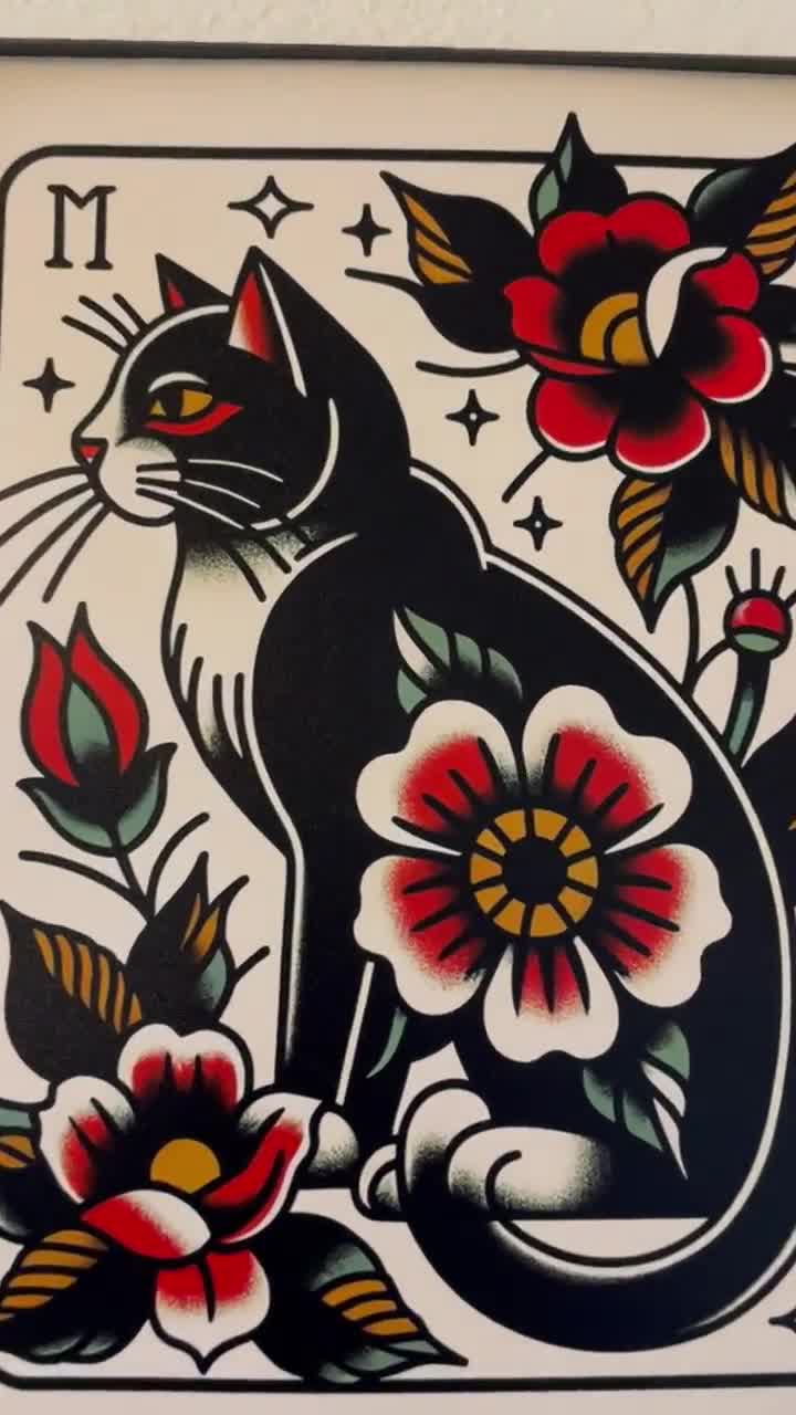 Traditional Black Cat Tattoo
