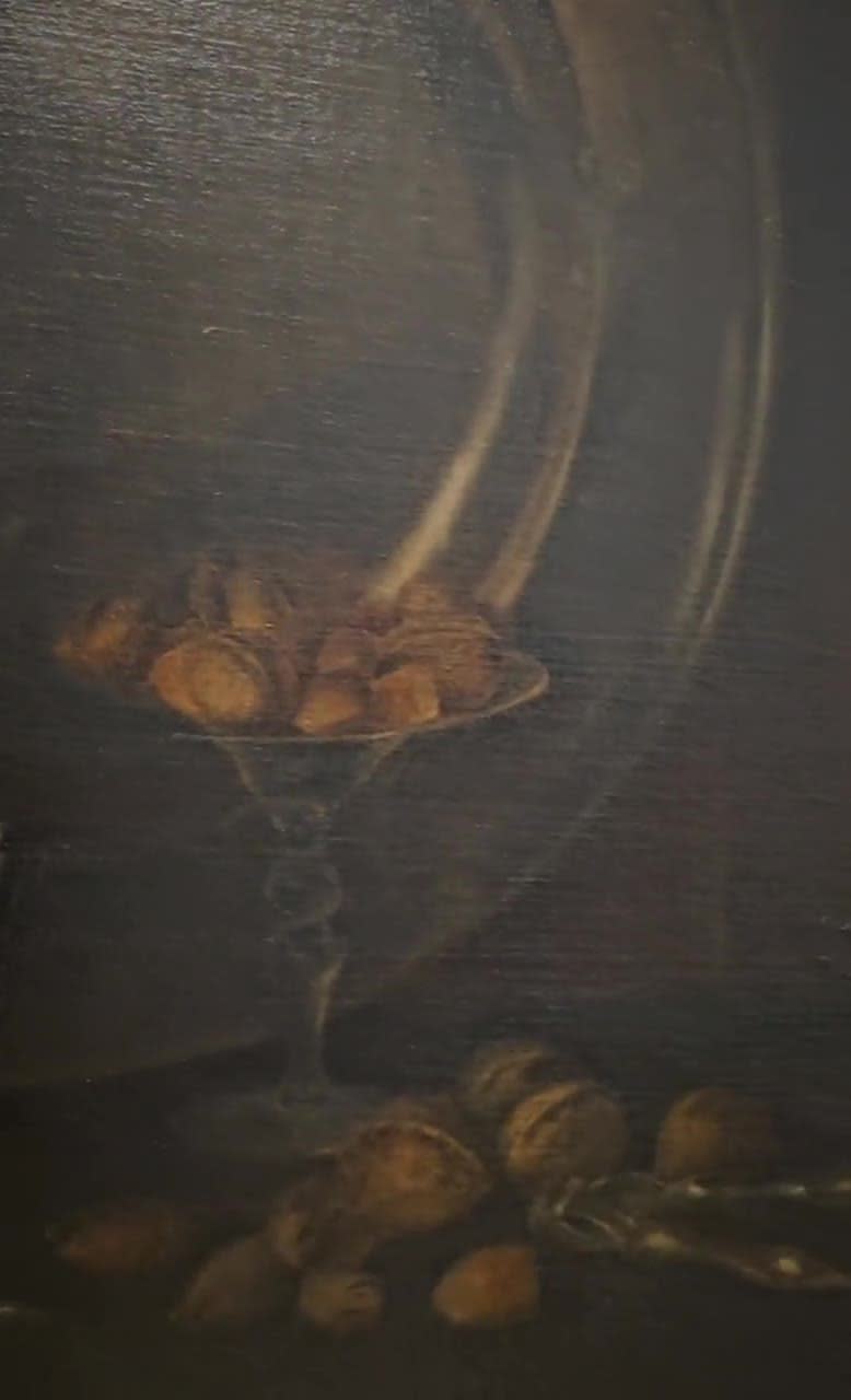 1950年代 油絵 静物画 額装済み 手彫り高級額縁 アンティーク アンティークオランダ風ダークムーディな静物油絵、19世紀ヴィンテージ