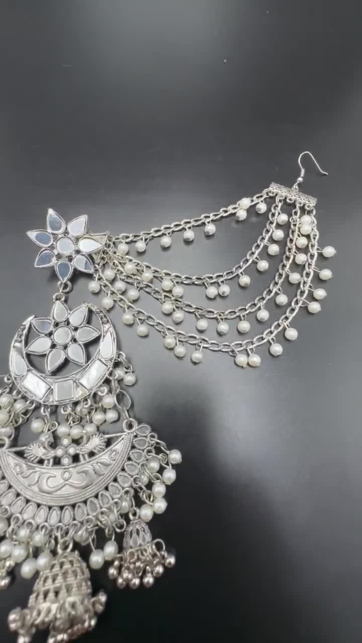 Big Oxidised Jhumka With Side Chain Chandbali Mirror Indian