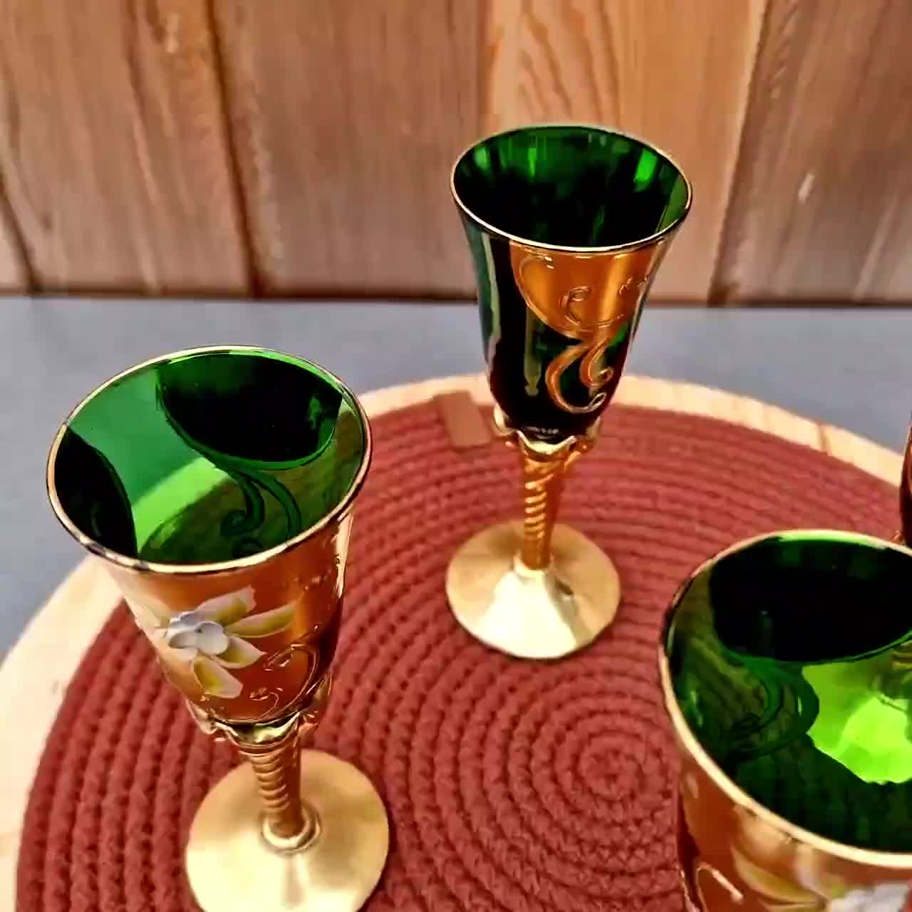 Gilded Murano Wine Glasses: Green & Gold Floral Embossed Set - Etsy