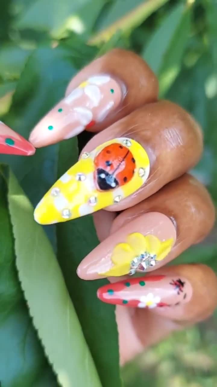 Ladybug Press on Nails, Garden Theme Gel Nail Art - Etsy