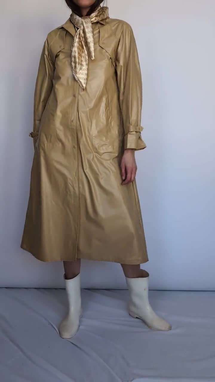 1980s Beige Long PVC Trench Coat | Unique Vintage Rain