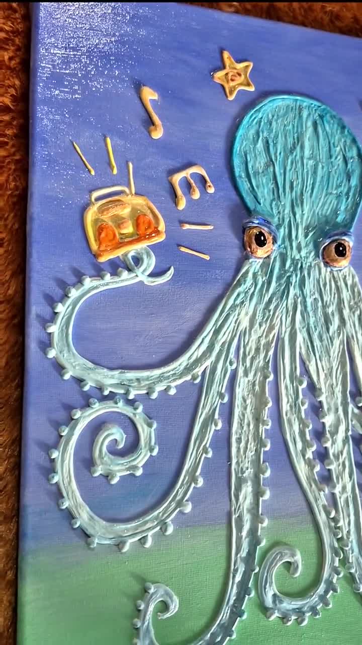 タコの絵画、テクスチャのあるタコの絵画、90年代のアート、海の壁の