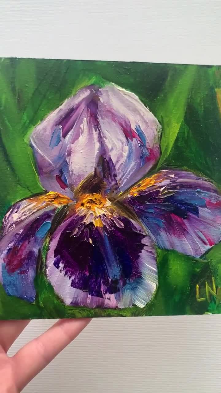 Iris Flower Original Oil Painting, Floral Original Art , Small Deep Purple Painting, Bright colours factory Artwork 6x8 in