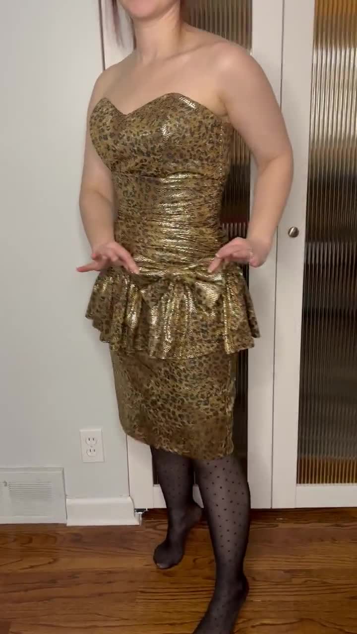 cheetah peplum dress VTG Patra Size 6 Cheetah Print Strapless peplum Dress Shimmer Ruched  Barbiecore Bow Party Flounce