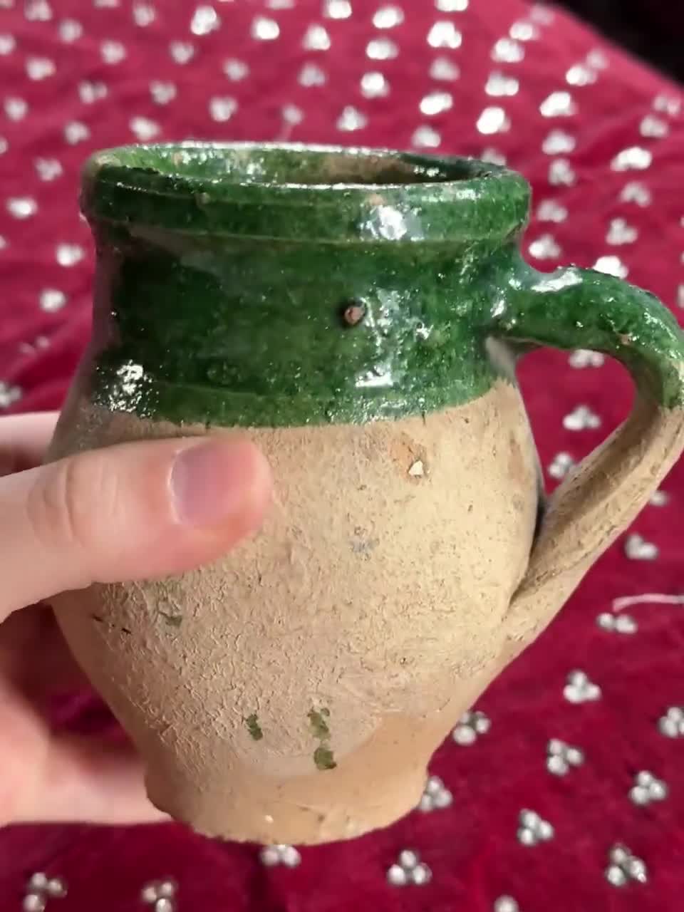 アンティークシルレ陶器の壺：緑釉トルコ蓋付き壺 - Etsy 日本