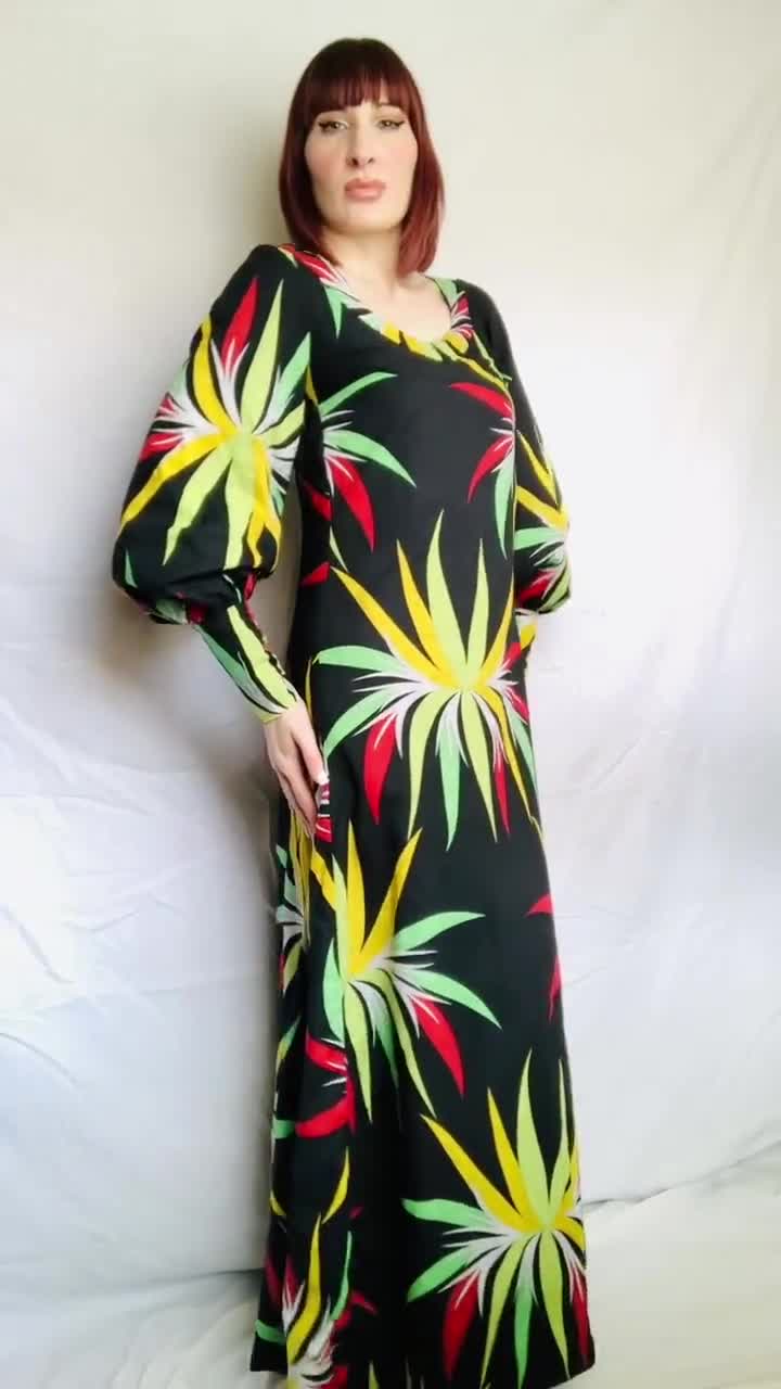 AMAZING Vintage 1970's ITALIAN Abstract Red Yellow Green Black Print Cotton  Maxi Dress Gown w/ Leg O Mutton Bishop Sleeves - Small Medium