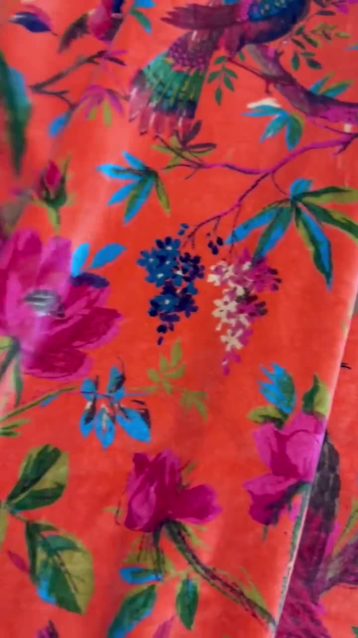 Printed Velvet Fabric Indian Fabric Floral PINK BIRD Print Fabric