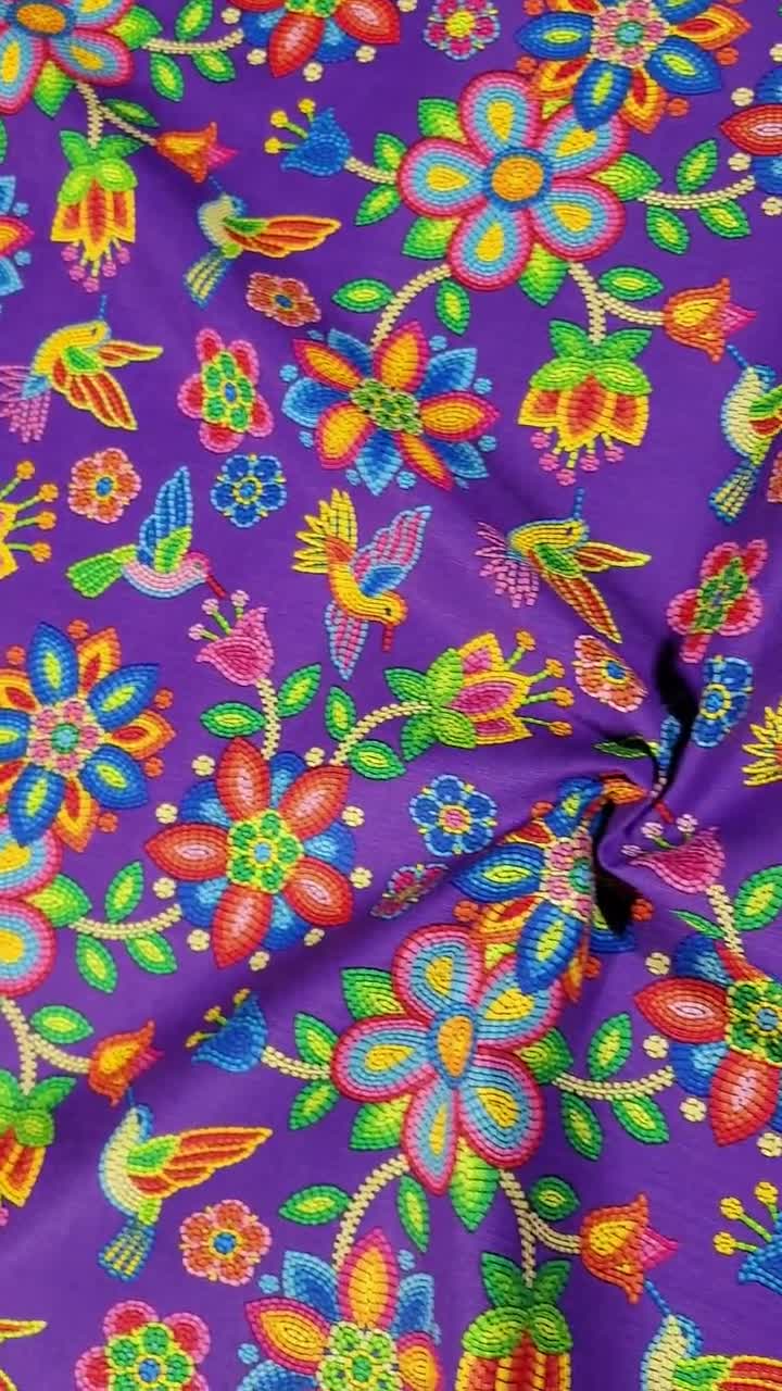 Elizabeth Studio Tucson Hummingbird and Flowers Cotton Quilt Fabric on a Dark Purple Background video poster