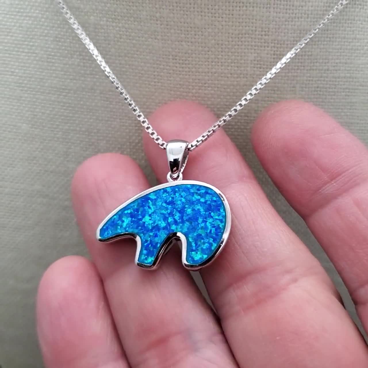 QQ-478 | Blue Opal Inlay Bear Pendant Necklace | Sterling