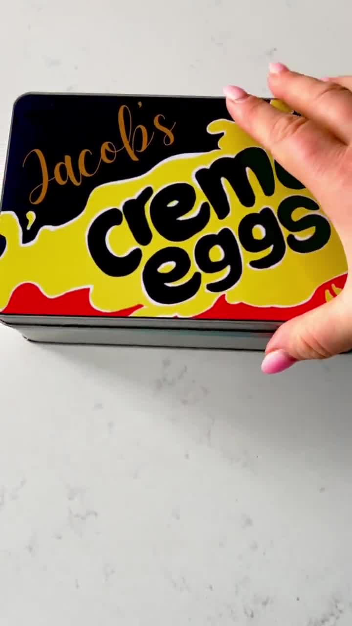 Personalised CREME EGG tin / Birthday /Easter /Valentine/Thinking of you / celebration / Stocking Filler /Secret Santa /Chocolate lover gift video poster