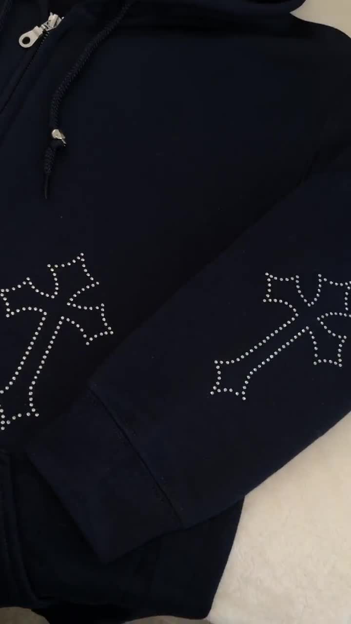 Cyber Cross Y2K Gothic Rhinestone Hoodie Vol.2 Navy Blue - Etsy