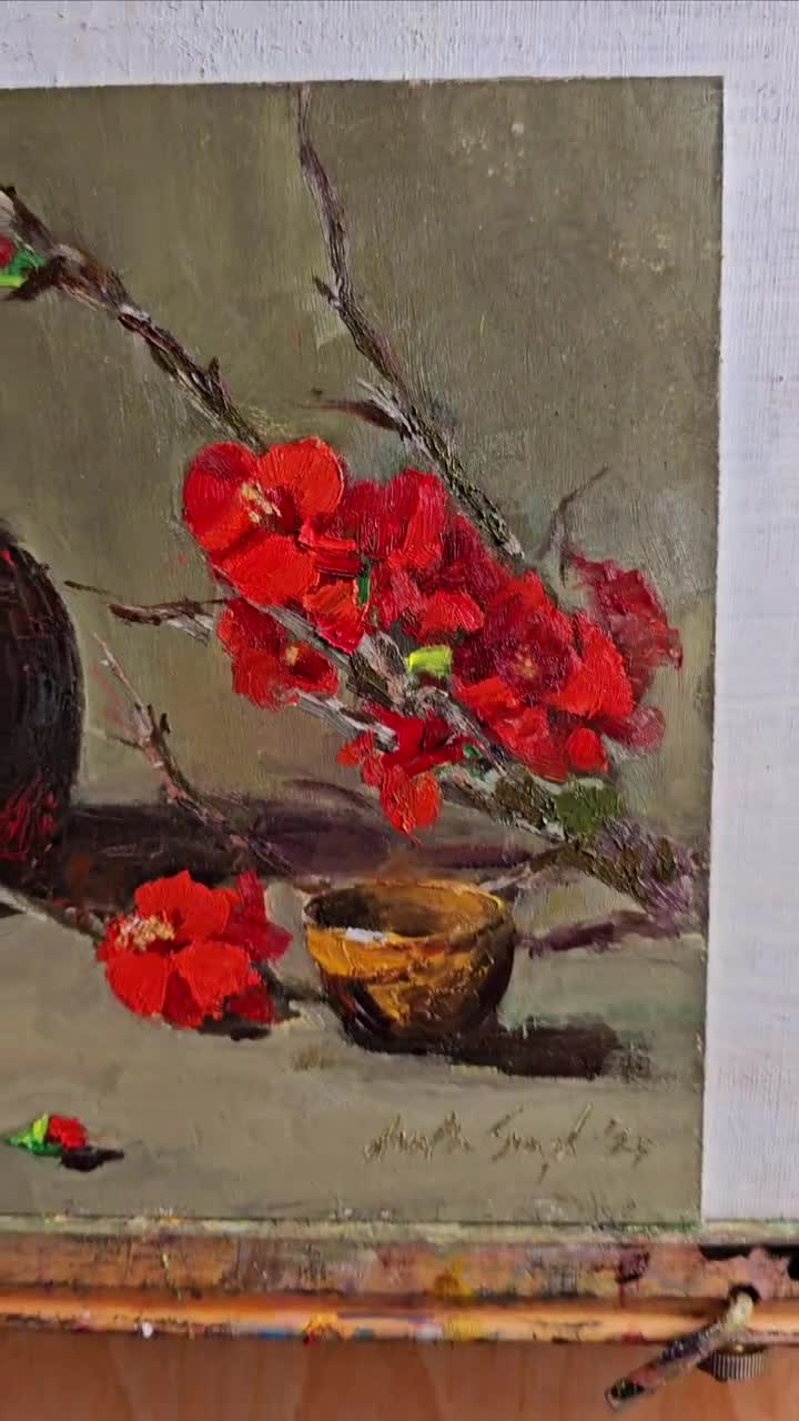 Quince Flower and Sake Jar Oil Painting: Oriental Style Framed Art