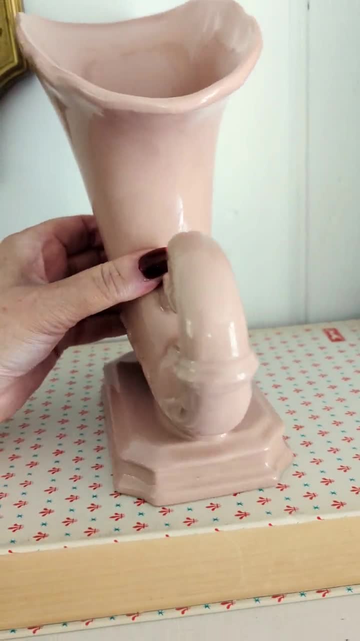 1940s 1950s Vintage Pink Ceramic Horn of Plenty Vase, Cornucopia