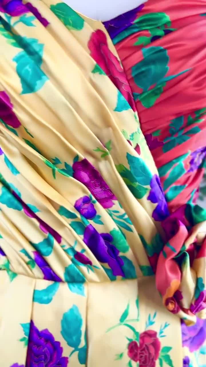 Vintage 1980s Cocktail Dress | 80s Silk Rose Floral Print Ruched